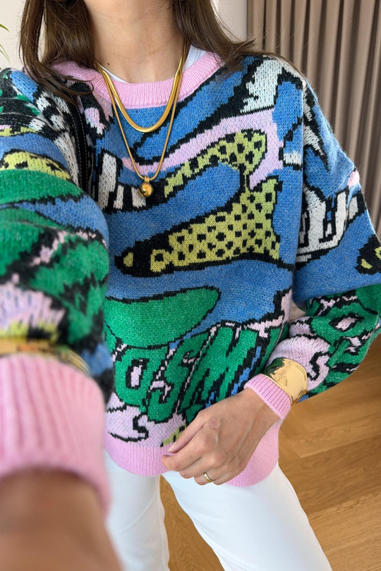 Cosm Çok Renkli Pembe Bisiklet Yaka Triko