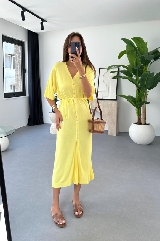Yella Sarı Düğme Detaylı Elbise