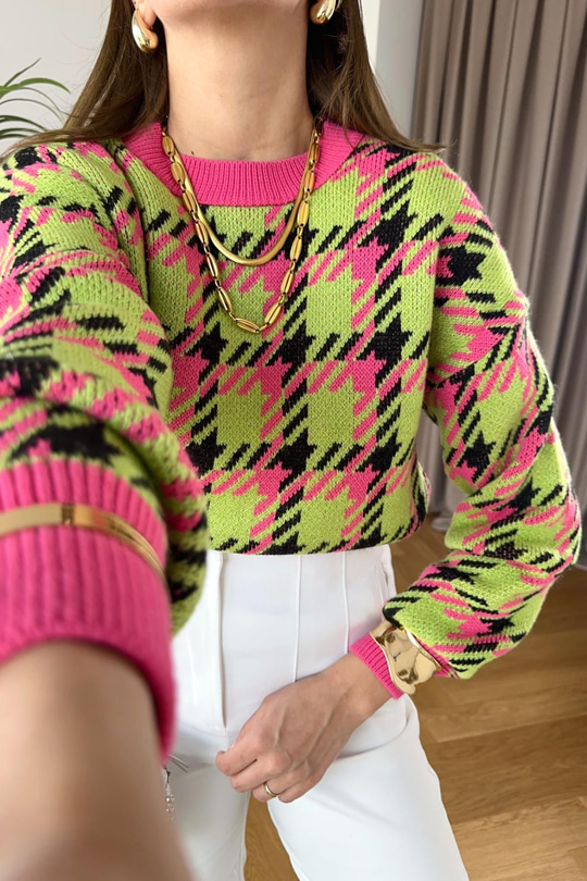Zuze Pembe Neon Bisiklet Yaka Triko