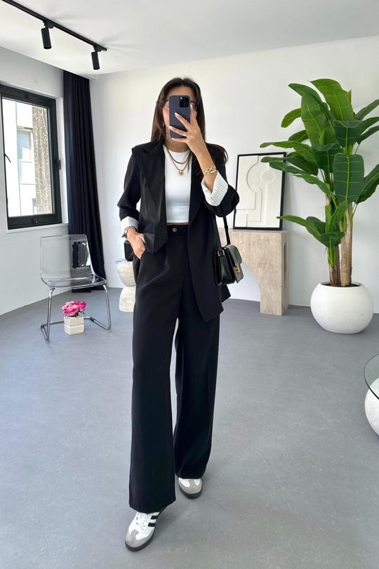 Dosy Siyah Blazer Ceket Palazzo Pantolon Takım