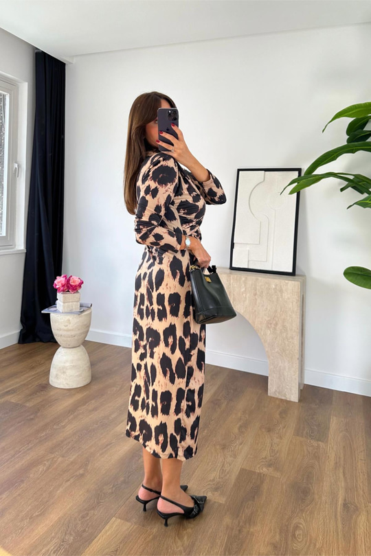 Vensa Leopar Desenli Drapeli Maxi Boy Elbise