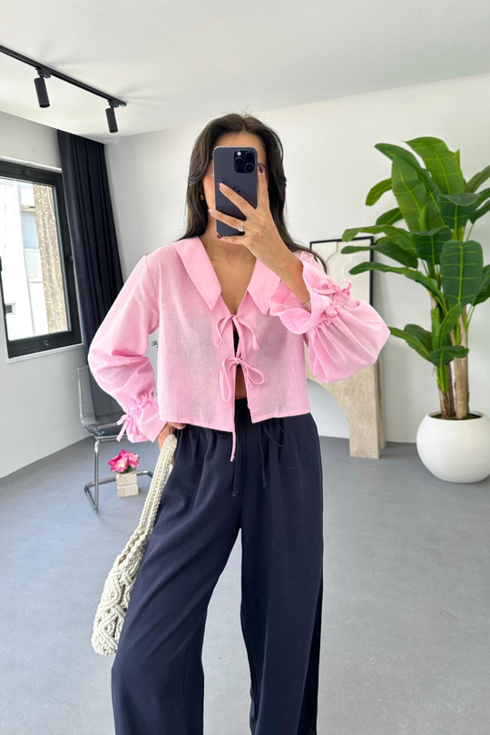 Enika Pembe Keten Önü Bağlamalı Bluz
