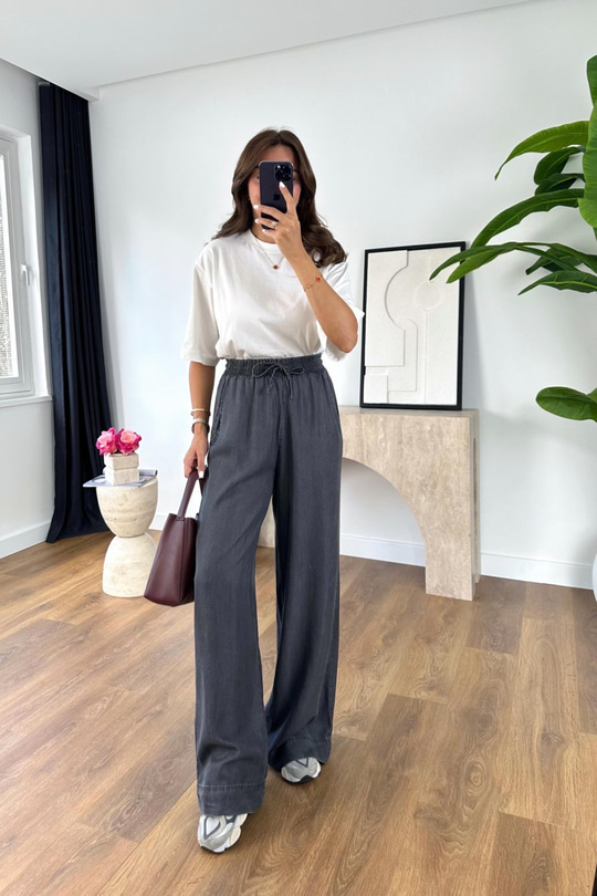 Kolse Antrasit Beli Lastikli Tencel Pantolon