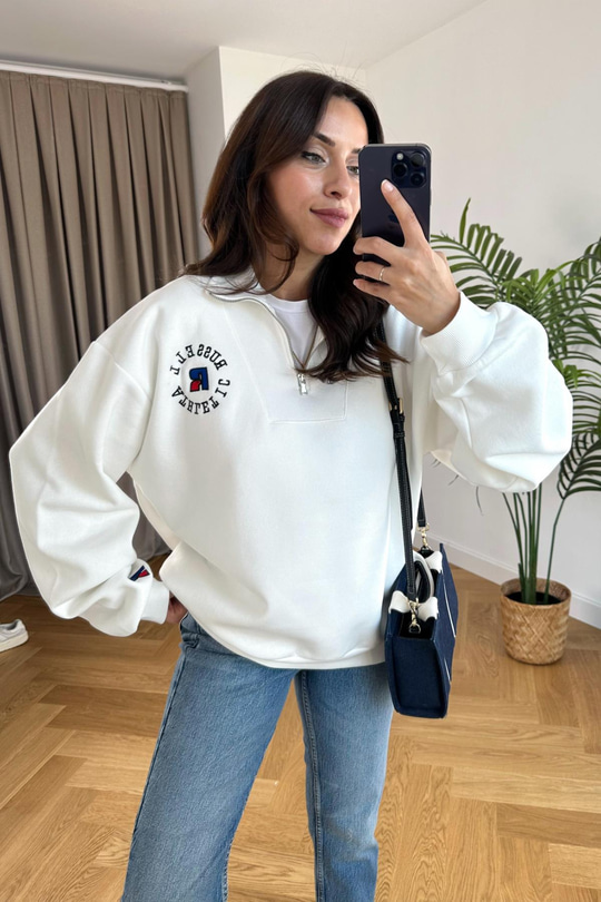 ZR RoseBall Beyaz Fermuar Detaylı Sweatshirt
