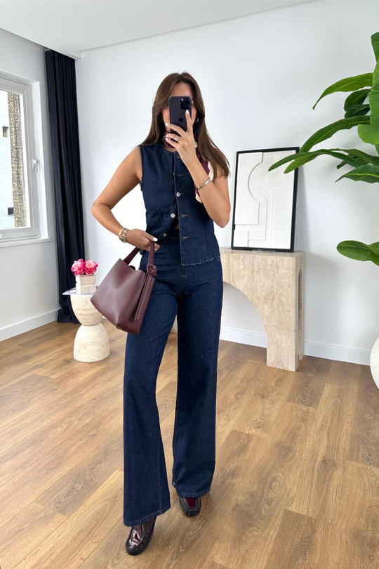 Lully Lacivert Denim Yelek Straight Pantolon Takım
