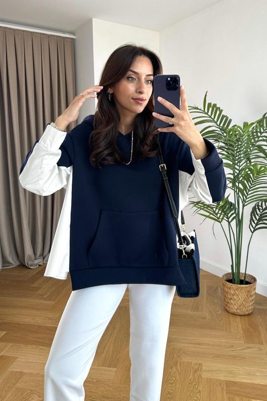 Zaren Lacivert Çift Kumaş Detaylı Sweatshirt