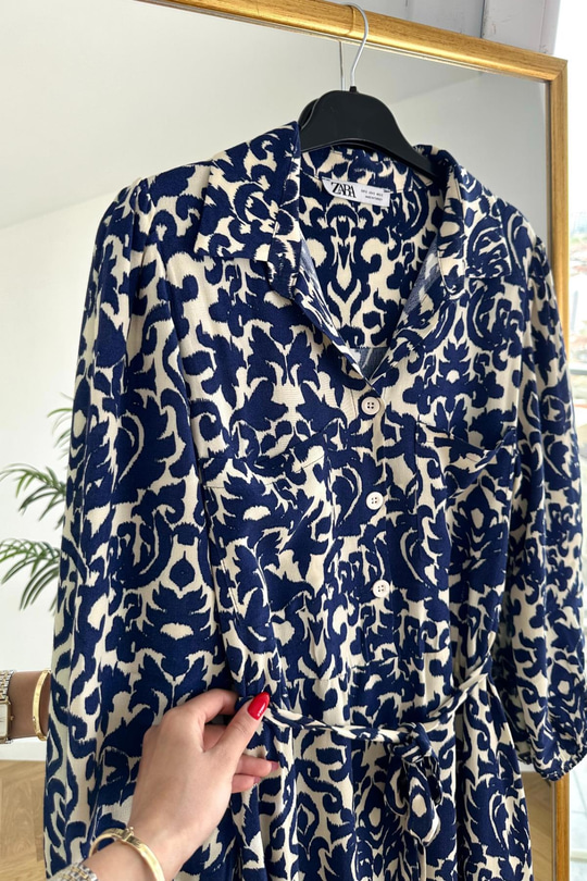 ZR Lacivert Düğme Detaylı Kuşaklı Maxi Boy Elbise