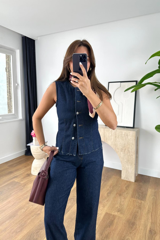 Lully Lacivert Denim Yelek Straight Pantolon Takım