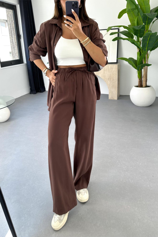 Regina Kahve Beli Lastikli Gömlek Pantolon Takım