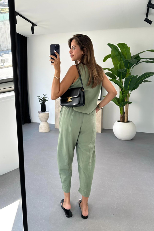 Tara Haki Beli Bağlamalı Bluz Pantolon Takım