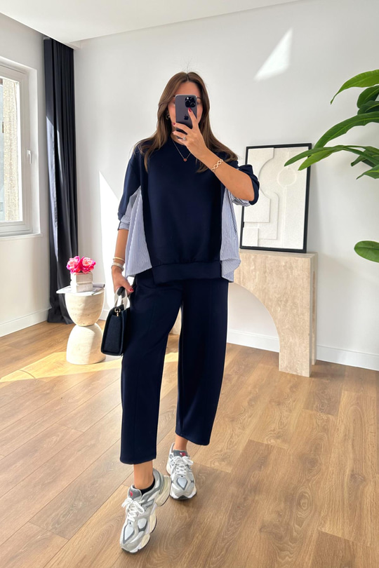 Sevsan Lacivert Garnili Modal Sweatshirt Pantolon Takım