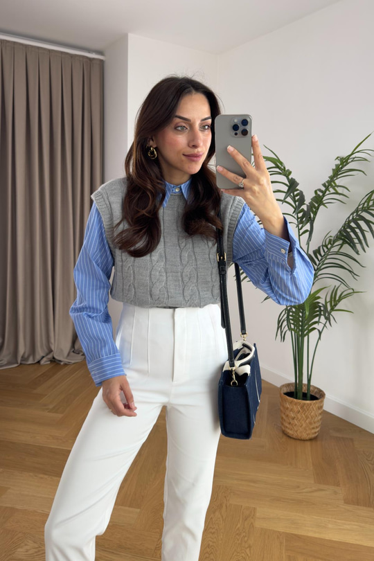 Lily Çizgili Gömlek Detaylı Gri Süveter