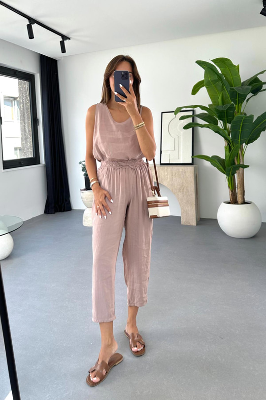 Mona Gül Kurusu Beli Bağlamalı Bluz Pantolon Takım