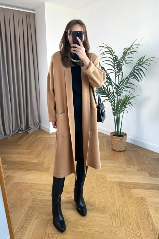 Goxeto Camel Şal Yaka Cepli Çelik Triko Hırka