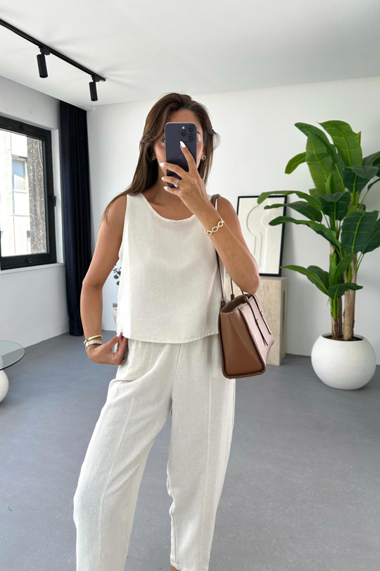 Tara Taş Beli Bağlamalı Bluz Pantolon Takım