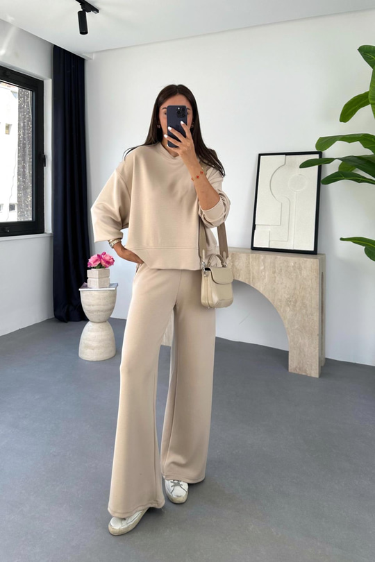 Torena Koyu Bej Sweat Eşofman Takım