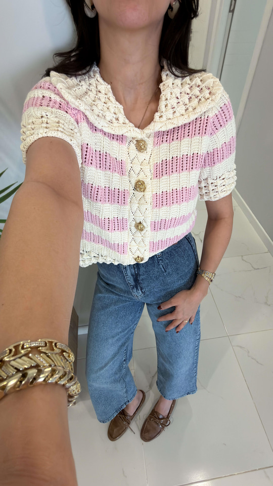 Adosla Ekru Pembe Çizgili Gold Düğmeli Triko Hırka