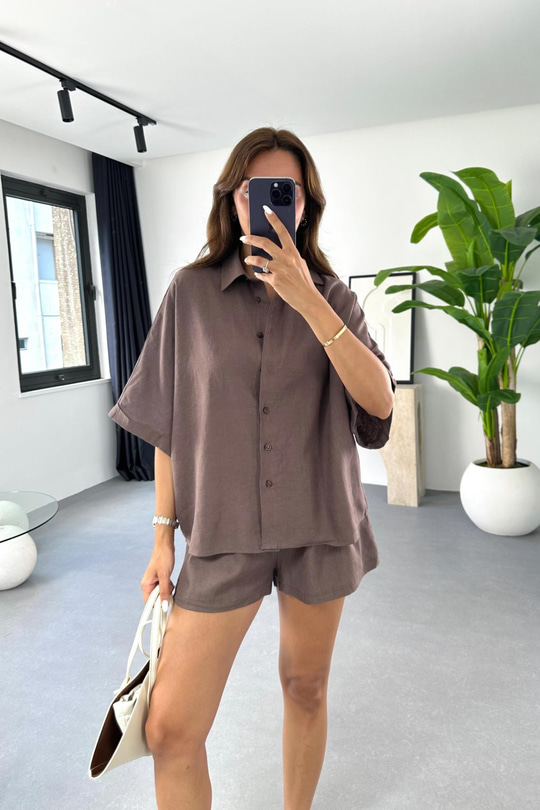 Lily Acı Kahve Kemer Detaylı Keten Gömlek Şort Takım