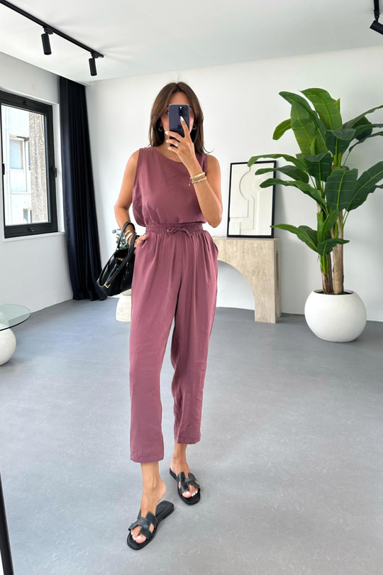 Mona Mürdüm Beli Bağlamalı Bluz Pantolon Takım