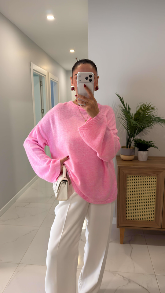 Alin Şeker Pembe Geniş Kol Detaylı Triko