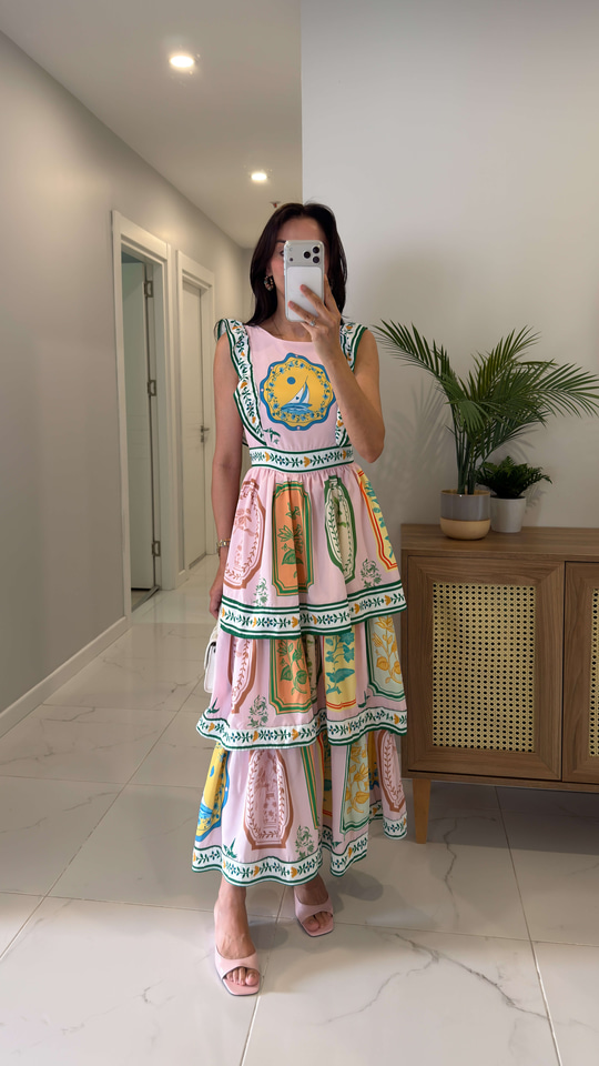 Amalfi Pembe Kat Kat Fırfırlı Elbise