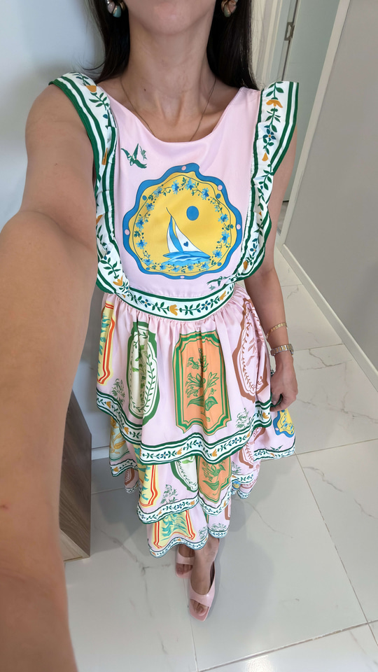 Amalfi Pembe Kat Kat Fırfırlı Elbise