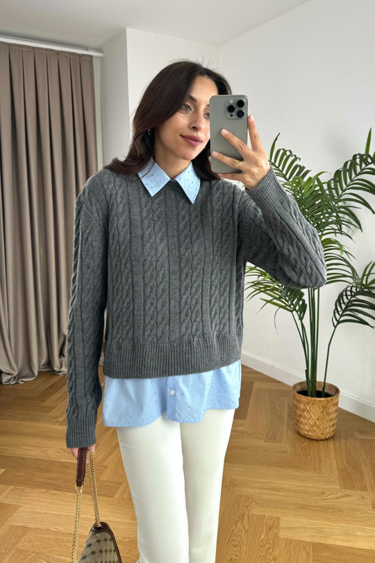 İncili Gömlek Detaylı Füme Triko