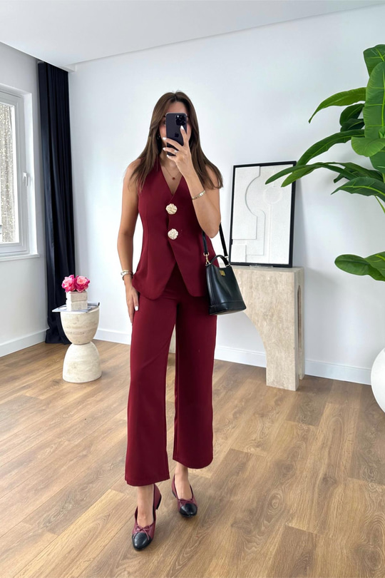 Pares Bordo Gold Düğme Detaylı Yelek Pantolon Takım