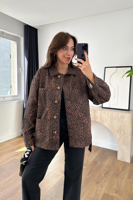 Clore Kahve Siyah Leopar Desenli Ceket