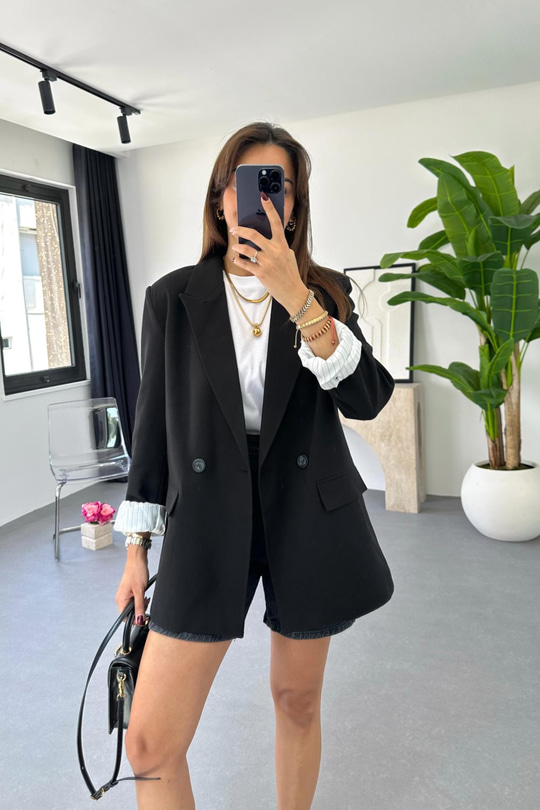 Pully Siyah Keten Blazer