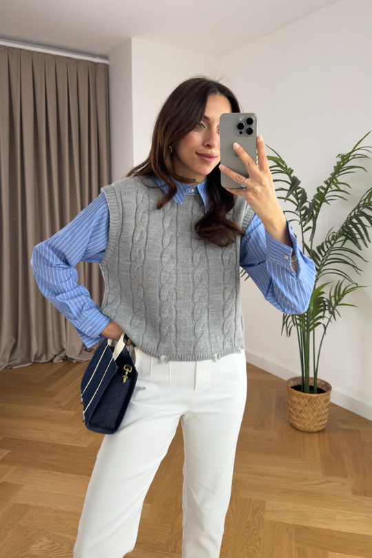 Lily Çizgili Gömlek Detaylı Gri Süveter