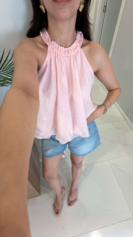 Balle Pembe Fırfırlı Bluz