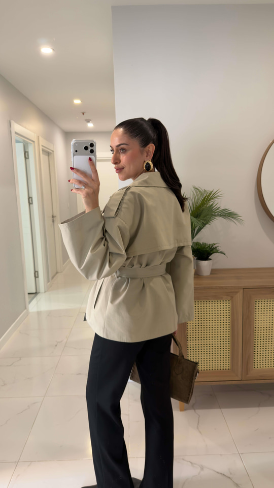 Beca Açık Haki Kuşaklı Kısa Premium Trençkot