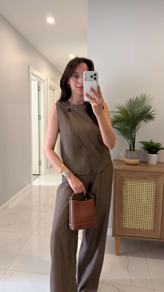 Bellix Kahve Keten Yelek Pantolon Takım
