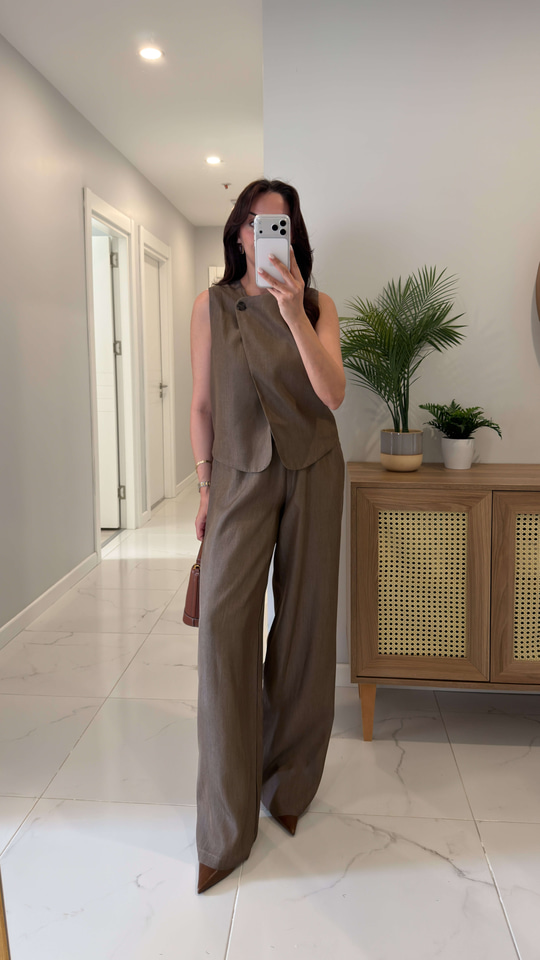 Bellix Kahve Keten Yelek Pantolon Takım