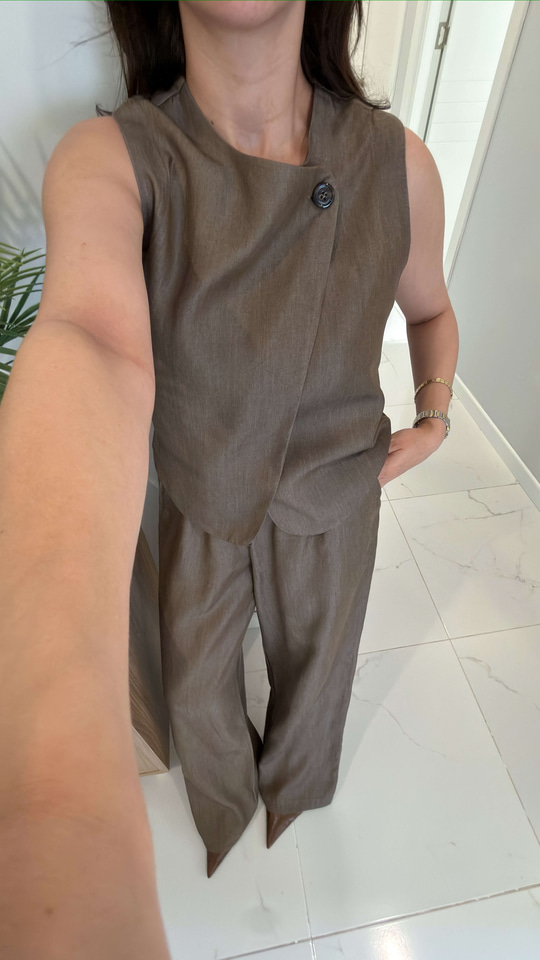 Bellix Kahve Keten Yelek Pantolon Takım