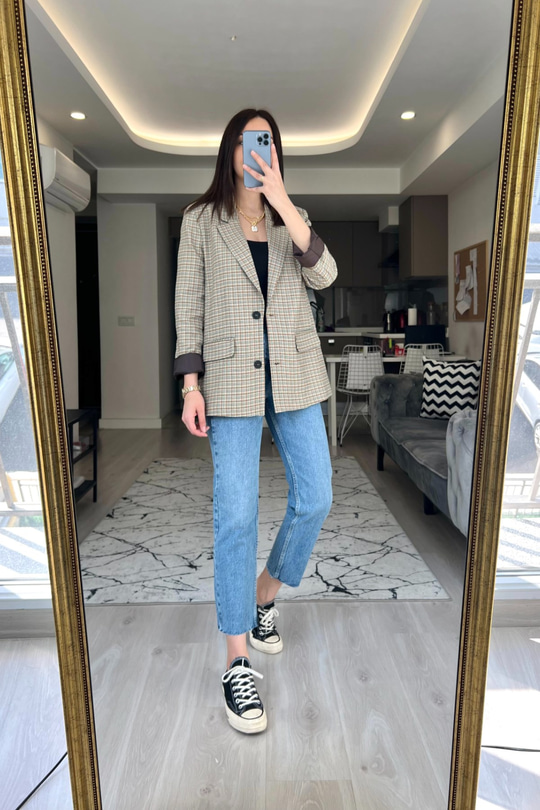 Kahve Ekose Astarlı Blazer Ceket
