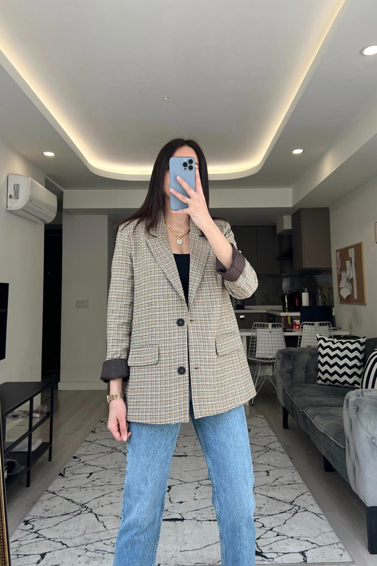 Kahve Ekose Astarlı Blazer Ceket