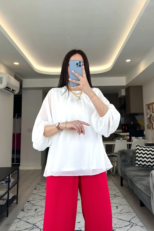 Beyaz Astarlı Şifon Bluz