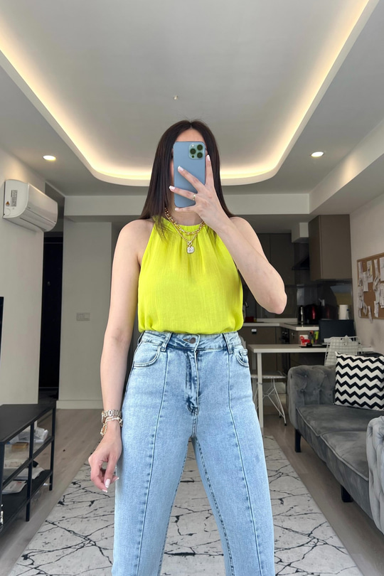 Jomf Neon Yeşili Sıfır Kol Bluz