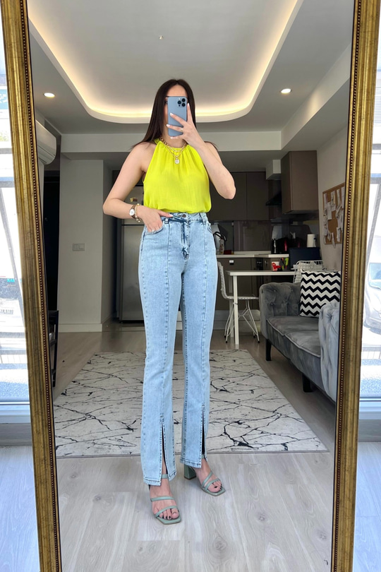 Jomf Neon Yeşili Sıfır Kol Bluz