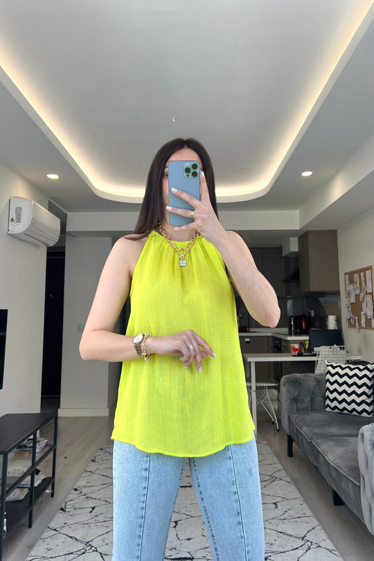 Jomf Neon Yeşili Sıfır Kol Bluz
