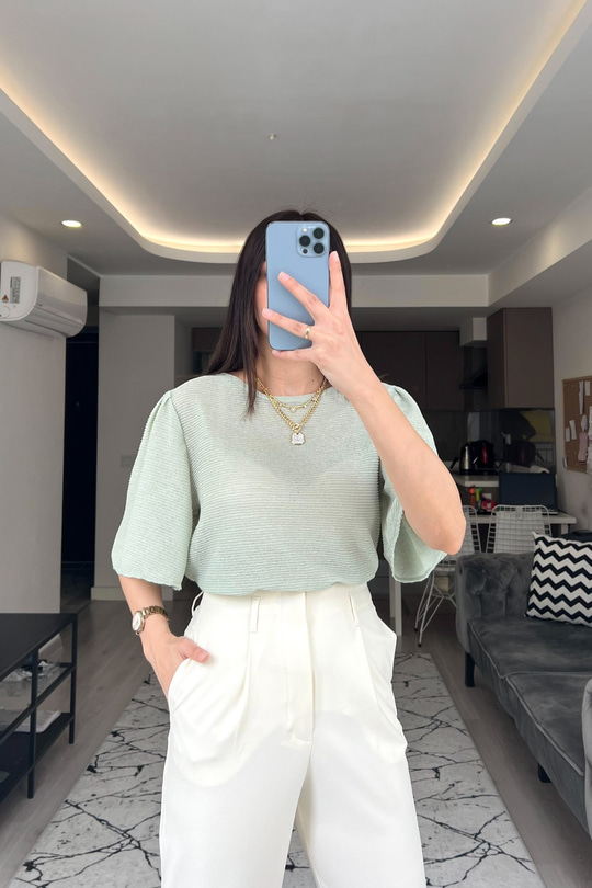 Mng Pili Tasarımlı Yeşil Bluz
