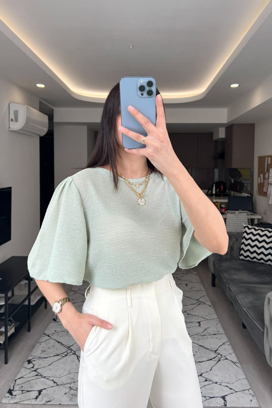 Mng Pili Tasarımlı Yeşil Bluz