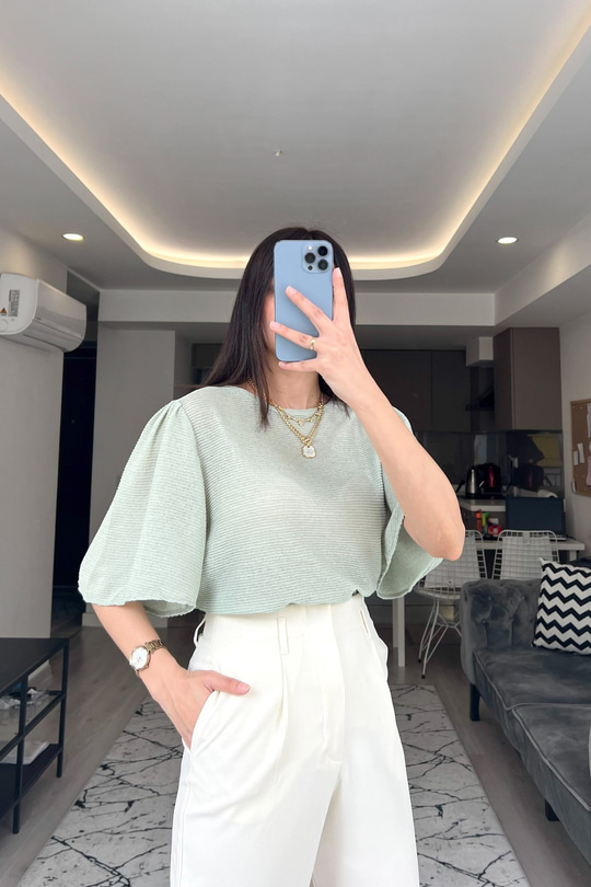Mng Pili Tasarımlı Yeşil Bluz