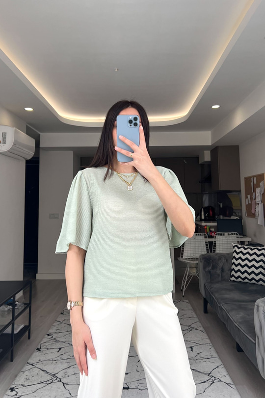 Mng Pili Tasarımlı Yeşil Bluz
