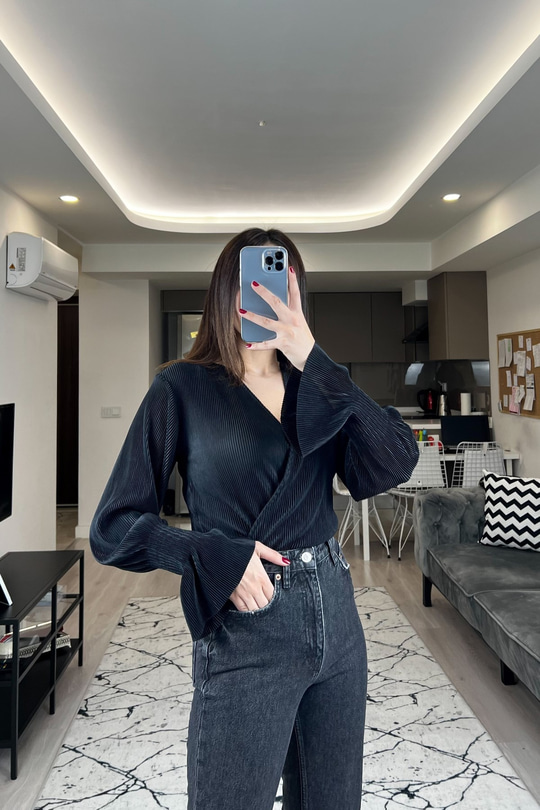 ZR Pliseli Siyah Bodysuit