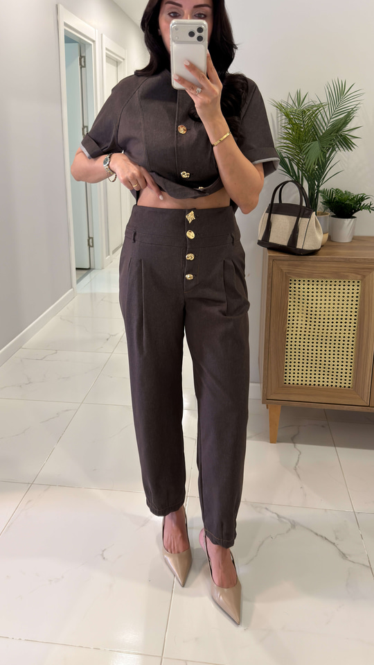Boilda Kahve Gold Düğme Detaylı Ceket Pantolon Takım