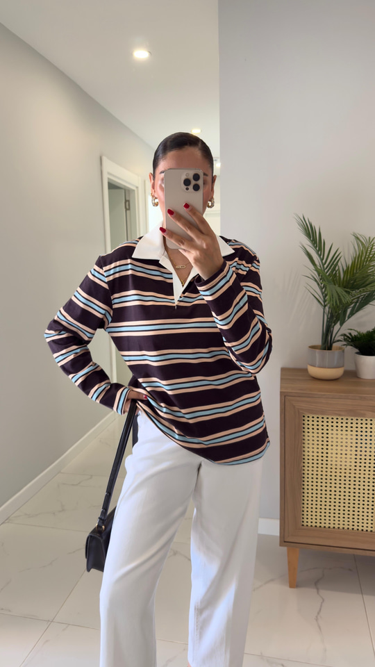 Boston Kahve Polo Yaka Çizgili Sweat