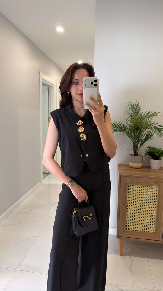 Bukle Siyah Gold Düğme Detaylı Yelek Pantolon Takım